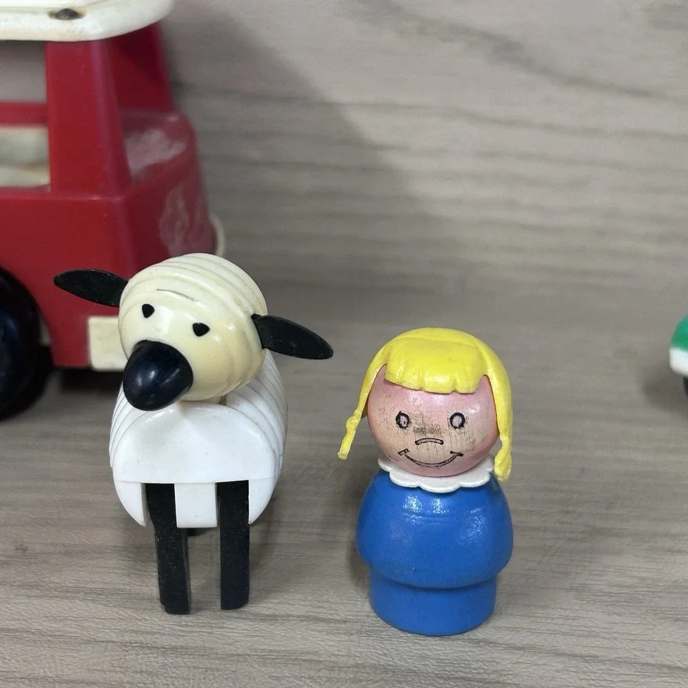 Classic Vtg Fisher Price Little People Car Mini-Bus Wood Girl Lamb 4 Piece Lot